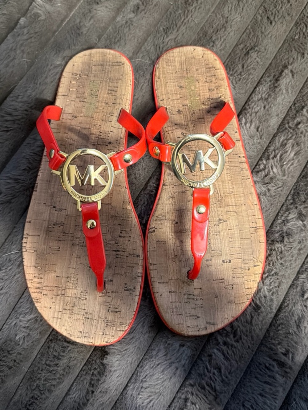 Michael Kors Red Patent Thong Sandals with Gold MK Medallions